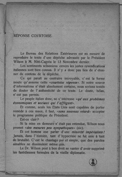 Actes et communiqués du bureau des relations extérieures du 28 novembre 1919 au 1er mai 1920